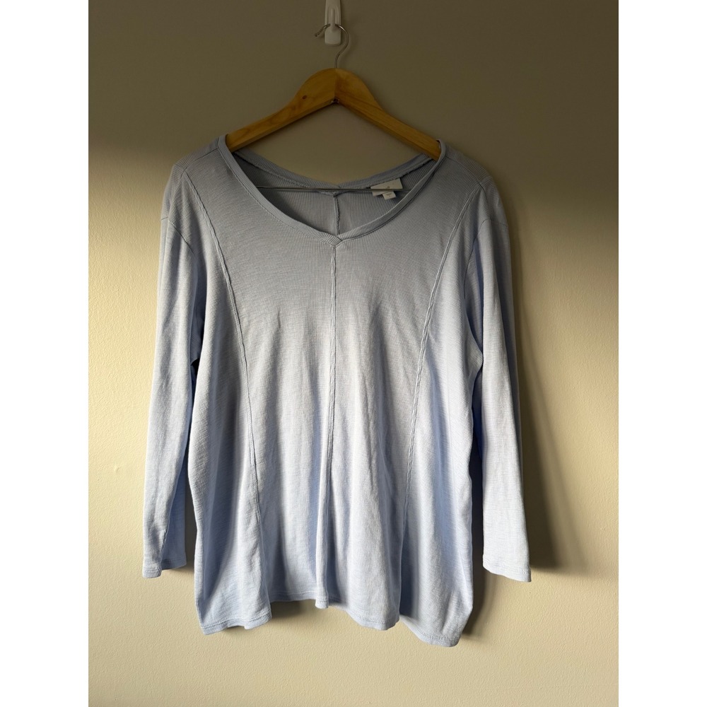 J.Jill Light Blue 100% Pima‎ Cotton Ribbed V-Neck 3/4 Sleeve Seamed Top Large